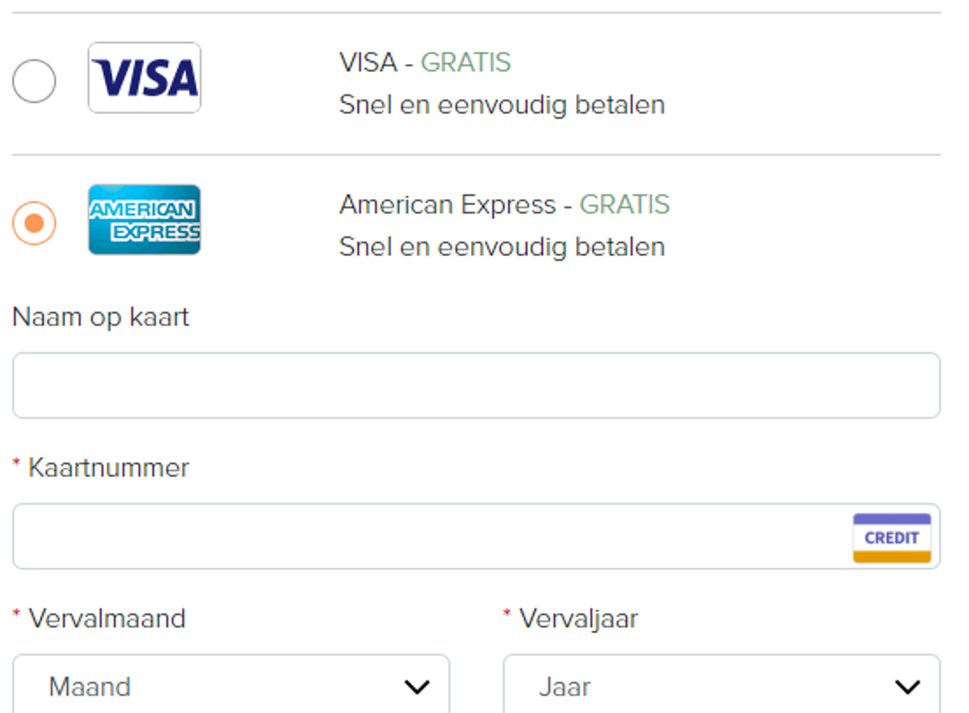 Checkout van VD.nl met de mogelijkheid om creditcardbetalingen rechtstreeks vanuit eigen checkout af te ronden.